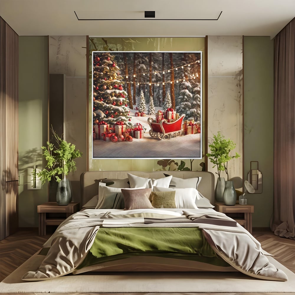 Tablou canvas cu tablou canvas cu peisaj de iarna, in rama de aluminiu argintiu, pe perete intr-un dormitor